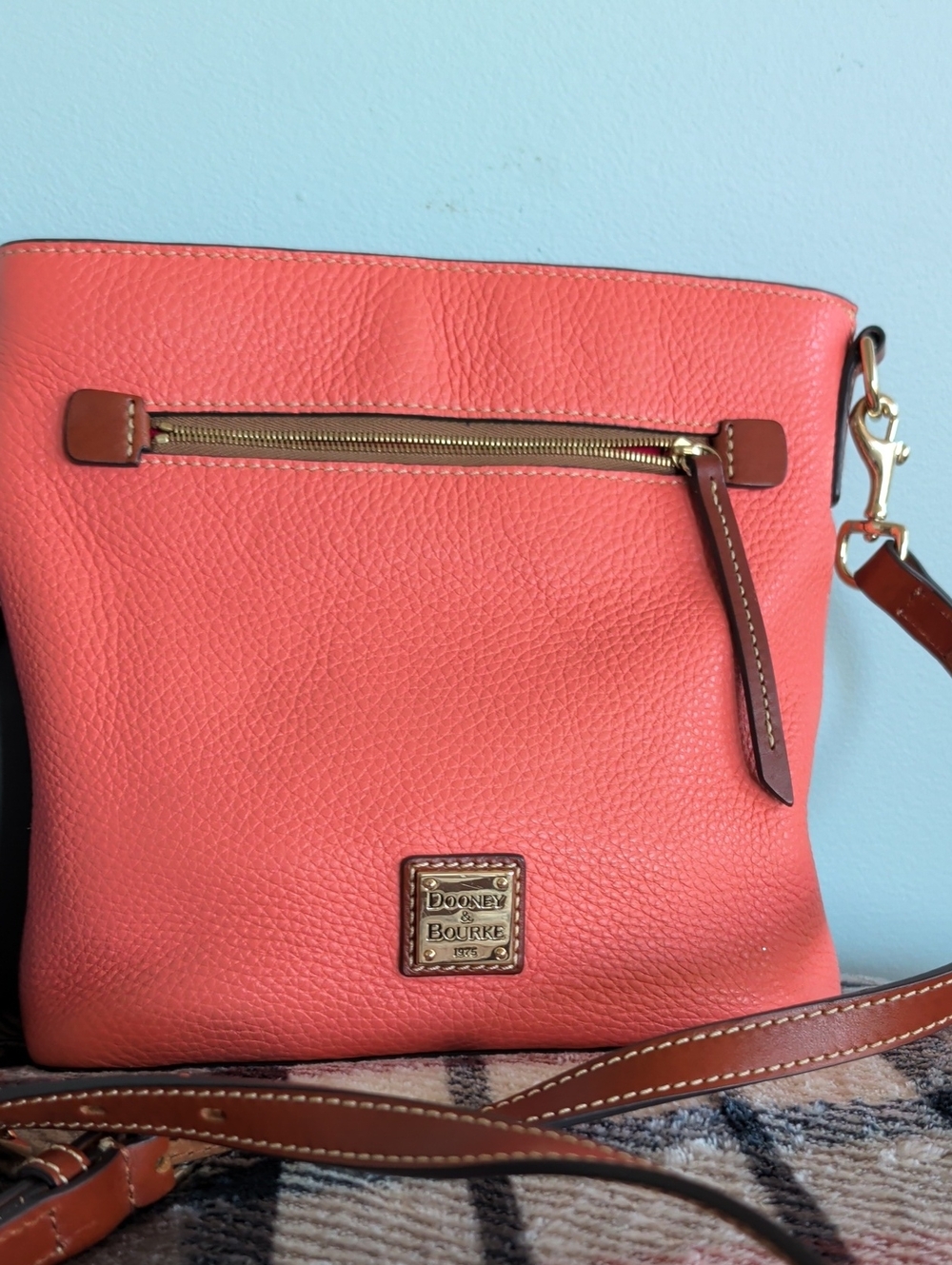 Dooney & Bourke Coral Pebbled Leather Crossbody with Brown Trim